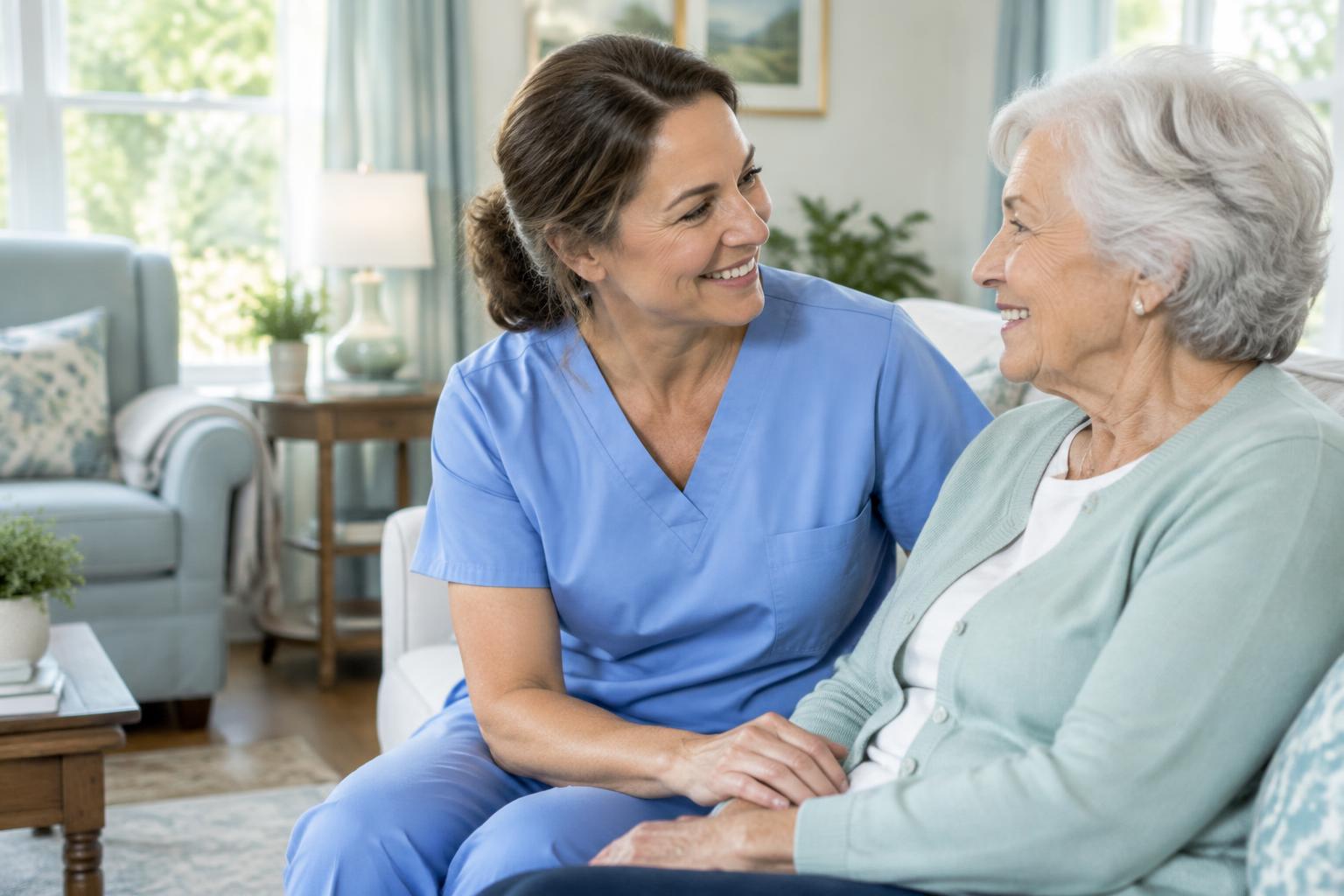 A home care professional sharing a warm moment with an older woman at home
